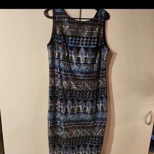 Art Deco White House Black Market Blue and Black Patterned Midi Dress